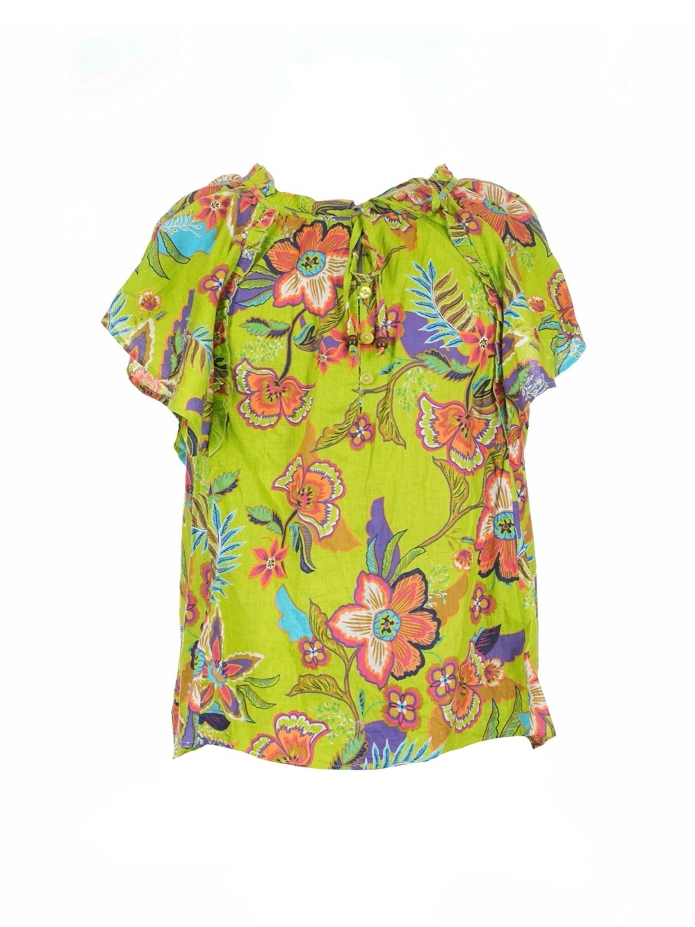 Unique Spectrum Tropical Floral Ruffle Sleeve Blouse Lime Green Boho Chic